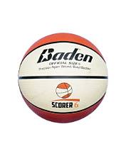 A Baden Scorer Rubber Replica Basketball by Baden Sports is shown against a white background; this durable basketball features white and orange panels with “Baden” and “Scorer 6” printed on it, making it ideal for school use.