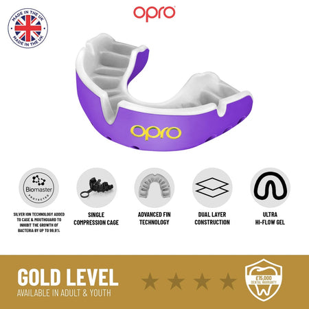 The Opro Gold Self-Fit Mouthguard, shown in purple and white, features silver ion protection, antimicrobial technology, a single compression cage, advanced fins, dual layer construction, and ultra hi-flow gel.