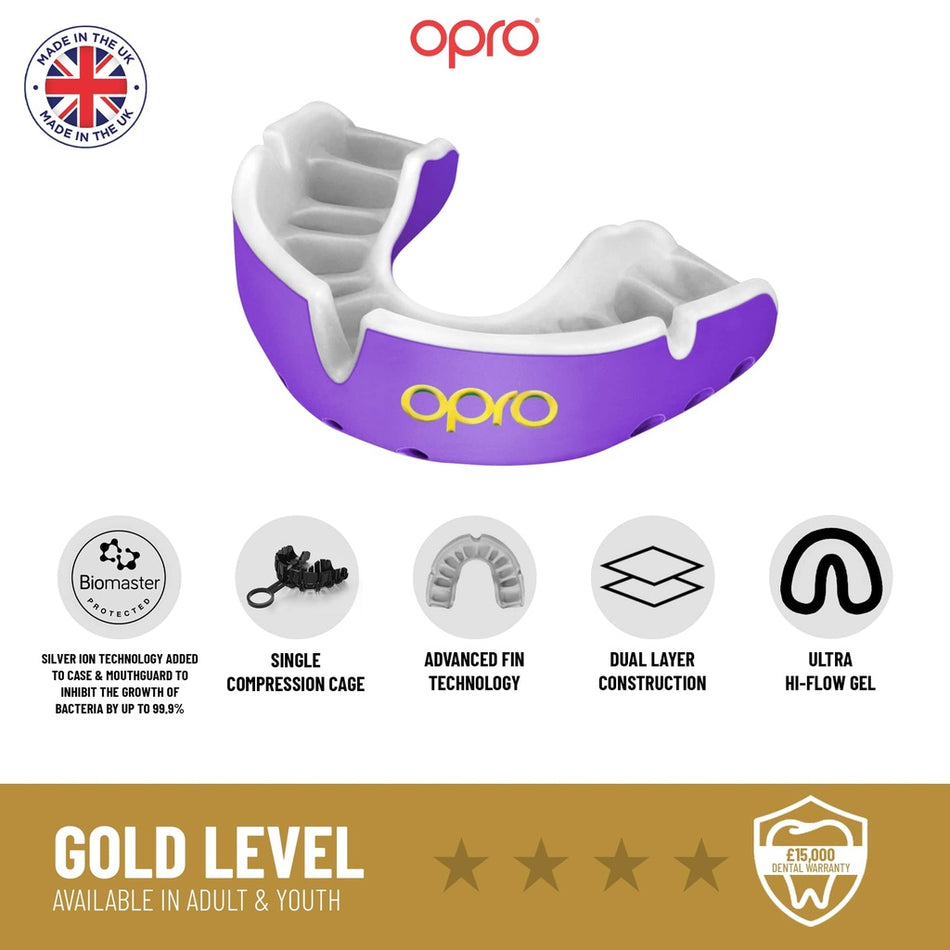 The Opro Gold Self-Fit Mouthguard, shown in purple and white, features silver ion protection, antimicrobial technology, a single compression cage, advanced fins, dual layer construction, and ultra hi-flow gel.