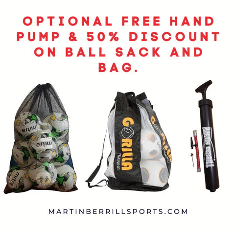 Two mesh bags of hand-stitched Rhino Hurricane Netball SZ5 balls are shown, plus a black hand pump and accessories. Text above advertises a free hand pump and discount on ball sack and bag at martinberrillsports.com.