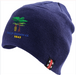 The Old Down CC Beanie Hat by Gray Nicolls is dark navy with an embroidered club logo showing a tree, cricket stumps, "OLD DOWN CC," "1843," and a small red and black Beechfield Original Headwear tag.