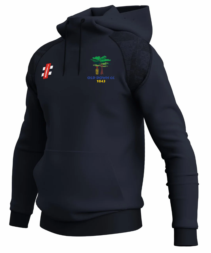 The Gray Nicolls Old Down CC GTS Mens Hoodie is a black technical hoodie with an Old Down CC 1844 tree logo on the chest and a white-red cricket badge on the upper left, displayed on an invisible mannequin.