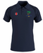 The Gray Nicolls Old Down CC GTS Men’s Polo Shirt in navy blue features a collared design, embroidered tree and Old Down CC 1843 logo, a red-and-white accent, stylish black patterned shoulders, and quick-dry moisture-wicking comfort.
