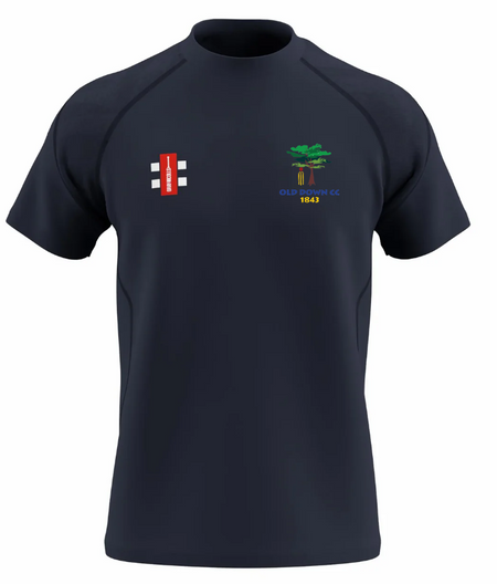 The Old Down CC GTS Men's S/S Tee Shirt by Gray Nicolls is a navy blue performance tee with short sleeves, a small red and white GTS emblem on the right chest, and a green tree logo with yellow OLD DOWN CC 1843 text on the left.