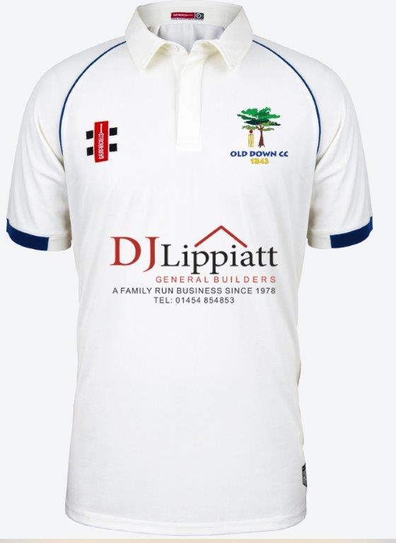 The Gray Nicolls Old Down CC Juniors Matrix V2 Short Sleeve Match Shirt is lightweight and breathable, featuring navy accents, club and sponsor logos, plus DJ Lippiatt General Builders' contact details on the front.
