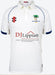 The Gray Nicolls Old Down CC Juniors Matrix V2 Short Sleeve Match Shirt is lightweight and breathable, featuring navy accents, club and sponsor logos, plus DJ Lippiatt General Builders' contact details on the front.