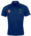 The Gray Nicolls Old Down CC Matrix V2 Polo is a navy short-sleeve, collared shirt with red and white chest patches and a tree logo with "OLD DOWN CC 1843" on the left. Designed for comfort and moisture management.