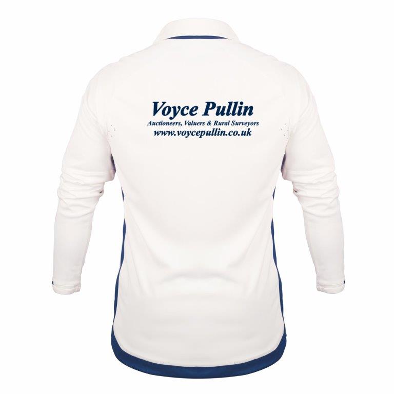 Back view of an Old Down CC Pro Performance V3 long-sleeve cricket shirt by Gray Nicolls in white, with blue "Voyce Pullin Auctioneers, Valuers & Rural Surveyors www.voycepullin.co.uk" text across the upper back and designed for cooling comfort.