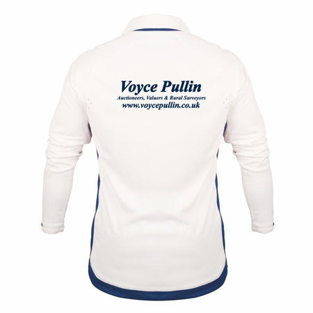 Back view of an Old Down CC Pro Performance V3 long-sleeve cricket shirt by Gray Nicolls in white, with blue "Voyce Pullin Auctioneers, Valuers & Rural Surveyors www.voycepullin.co.uk" text across the upper back and designed for cooling comfort.