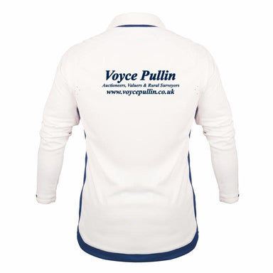 Back view of an Old Down CC Pro Performance V3 long-sleeve cricket shirt by Gray Nicolls in white, with blue "Voyce Pullin Auctioneers, Valuers & Rural Surveyors www.voycepullin.co.uk" text across the upper back and designed for cooling comfort.