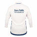 Back view of an Old Down CC Pro Performance V3 long-sleeve cricket shirt by Gray Nicolls in white, with blue "Voyce Pullin Auctioneers, Valuers & Rural Surveyors www.voycepullin.co.uk" text across the upper back and designed for cooling comfort.