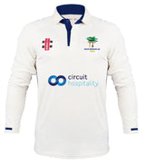 The Gray Nicolls Old Down CC Pro Performance V3 L/S Cricket Shirt features cooling fabric, a collar with blue accents, the OLD DOWN CC badge, and sponsor logos including Circuit Hospitality.