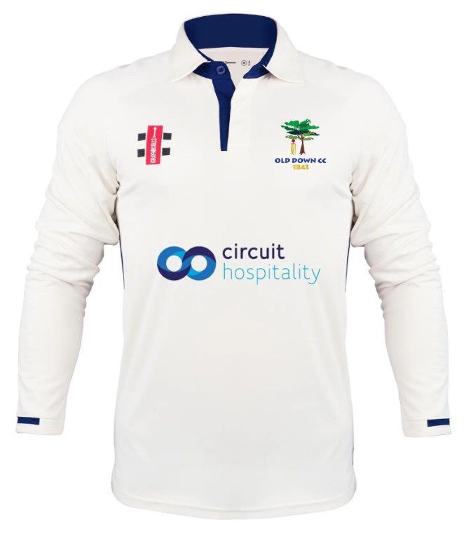 The Gray Nicolls Old Down CC Pro Performance V3 L/S Cricket Shirt features cooling fabric, a collar with blue accents, the OLD DOWN CC badge, and sponsor logos including Circuit Hospitality.