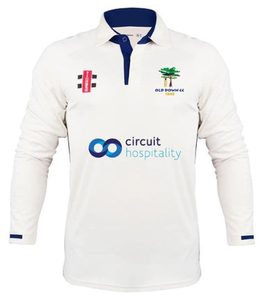 The Gray Nicolls Old Down CC Pro Performance V3 L/S Cricket Shirt features cooling fabric, a collar with blue accents, the OLD DOWN CC badge, and sponsor logos including Circuit Hospitality.