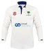 The Gray Nicolls Old Down CC Pro Performance V3 L/S Cricket Shirt features cooling fabric, a collar with blue accents, the OLD DOWN CC badge, and sponsor logos including Circuit Hospitality.