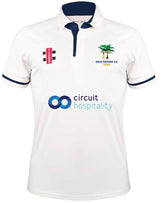 The Gray Nicolls Old Down CC Pro Performance V3 S/S Cricket Shirt features a white design with navy trim, anti-UV fabric, Old Down CC 1845 and sponsor logos, plus a navy collar with a button placket.