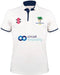 The Gray Nicolls Old Down CC Pro Performance V3 S/S Cricket Shirt features a white design with navy trim, anti-UV fabric, Old Down CC 1845 and sponsor logos, plus a navy collar with a button placket.