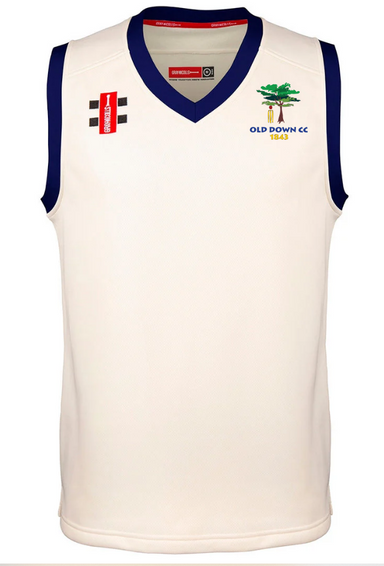 The Old Down CC Pro Performance Slipover by Gray Nicolls is a sleeveless white top with navy trim, featuring the club logo and text, red sponsor patch, black checkered chest logo, and advanced wicking for comfort.