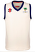 The Old Down CC Pro Performance Slipover by Gray Nicolls is a sleeveless white top with navy trim, featuring the club logo and text, red sponsor patch, black checkered chest logo, and advanced wicking for comfort.