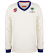 The Gray Nicolls Old Down CC Pro Performance L/S Sweater is a white long-sleeve top with blue collar and cuffs, featuring a tree and OLD DOWN CC 1845 club logo on the left chest plus manufacturer logos on the right chest and shoulder.