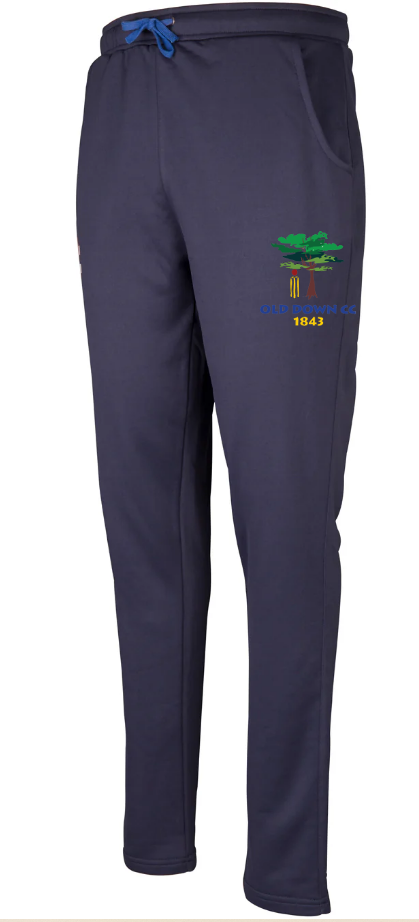 Navy blue Gray Nicolls Old Down CC Pro Performance Training Trousers featuring side pockets, a blue drawstring waist, and an embroidered OLD OAKEN 1843 tree logo, inspired by cricket training jogger styles.