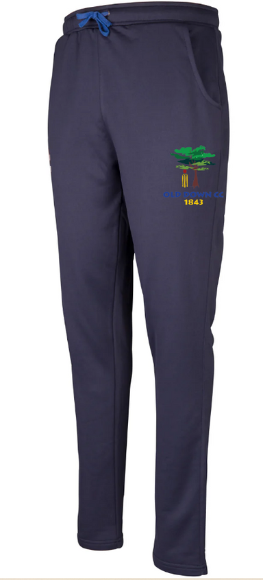 Navy blue Gray Nicolls Old Down CC Pro Performance Training Trousers featuring side pockets, a blue drawstring waist, and an embroidered OLD OAKEN 1843 tree logo, inspired by cricket training jogger styles.
