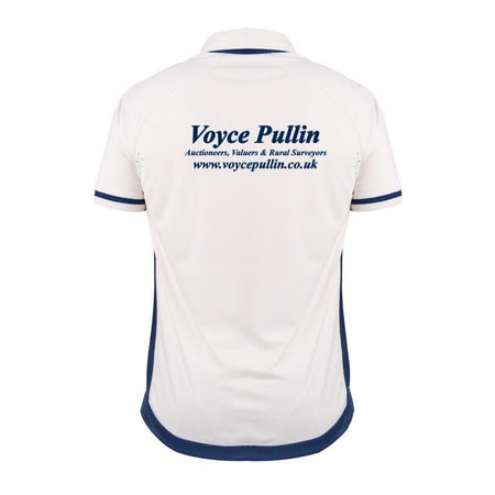 Back view of a white Gray Nicolls Old Down CC Pro Performance V3 S/S Cricket Shirt with navy trim and anti-UV fabric. "Voyce Pullin Auctioneers, Valuers & Rural Surveyors www.voycepullin.co.uk" is printed in navy on the upper back.