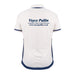 Back view of a white Gray Nicolls Old Down CC Pro Performance V3 S/S Cricket Shirt with navy trim and anti-UV fabric. "Voyce Pullin Auctioneers, Valuers & Rural Surveyors www.voycepullin.co.uk" is printed in navy on the upper back.