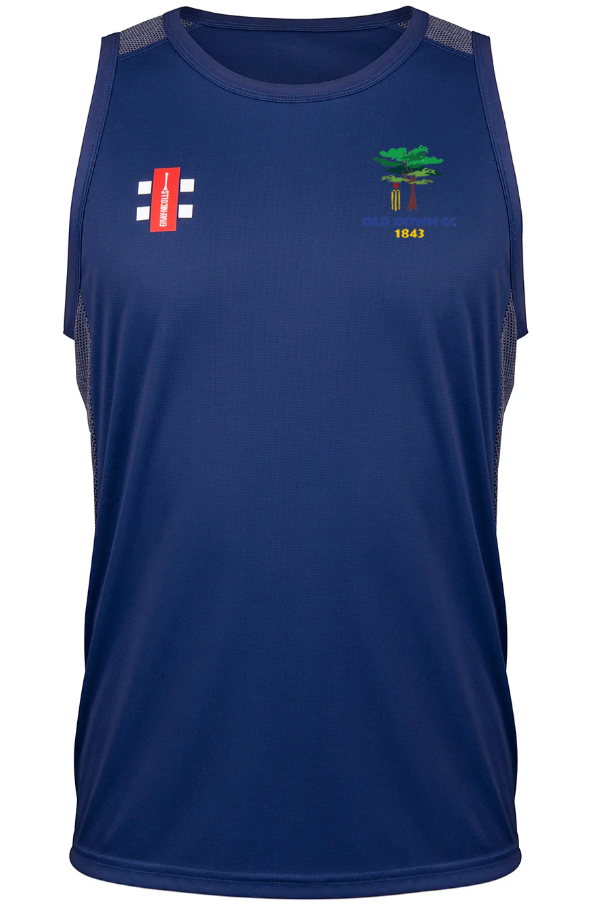 The Gray Nicolls Old Down CC Pro Performance Vest features a small red and white chest logo, a yellow and green tree emblem with "1847" on the right, and mesh side panels for breathability, ideal for intense training.