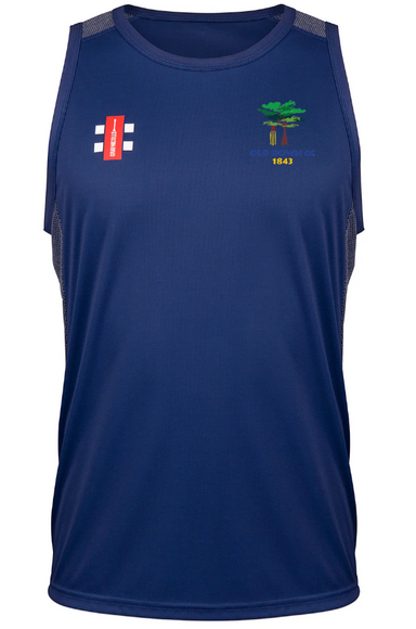 The Gray Nicolls Old Down CC Pro Performance Vest features a small red and white chest logo, a yellow and green tree emblem with "1847" on the right, and mesh side panels for breathability, ideal for intense training.