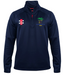 The Gray Nicolls Old Down CC Pro Thermo Fleece is a navy quarter-zip pullover with a red zipper, club logo and "1843" on the left chest, plus a red patch with white cricket stumps on the right chest for extra style and warmth.