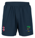 Old Down CC Velocity Shorts by Gray Nicolls—navy blue with elastic waistband, red and white logo on the left thigh, green tree Old Down CC 1843 emblem on the right. Four-way stretch fabric delivers maximum comfort for training.
