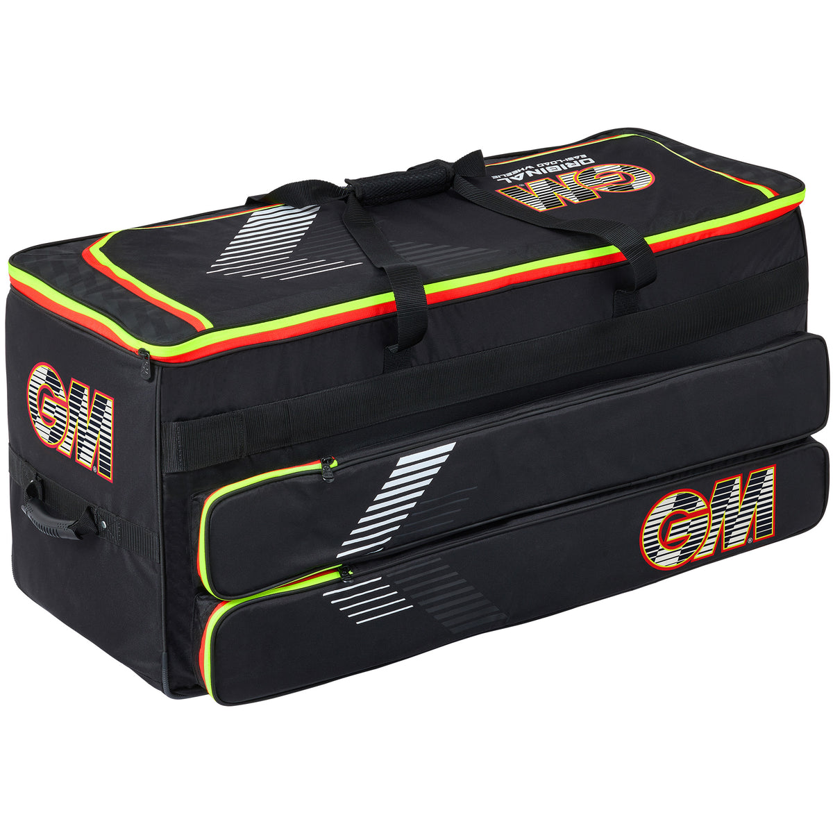 The Gunn & Moore Original Easi-Load Wheelie 2026 is a large rectangular black cricket bag with neon yellow and orange trim, carrying handles, heavy-duty wheels, expandable storage, and two zippered side pockets.
