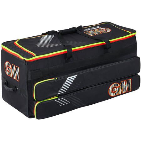 The Gunn & Moore Original Easi-Load Wheelie 2026 is a large rectangular black cricket bag with neon yellow and orange trim, carrying handles, heavy-duty wheels, expandable storage, and two zippered side pockets.