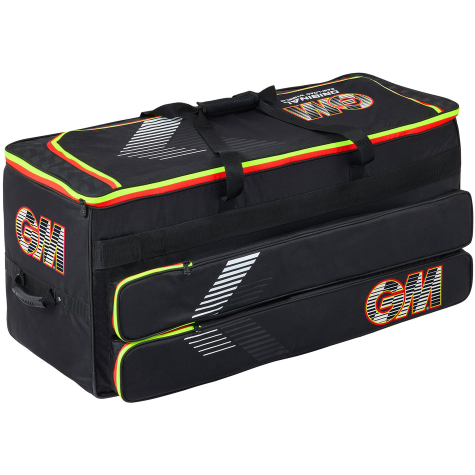 The Gunn & Moore Original Easi-Load Wheelie 2026 is a large rectangular black cricket bag with neon yellow and orange trim, carrying handles, heavy-duty wheels, expandable storage, and two zippered side pockets.