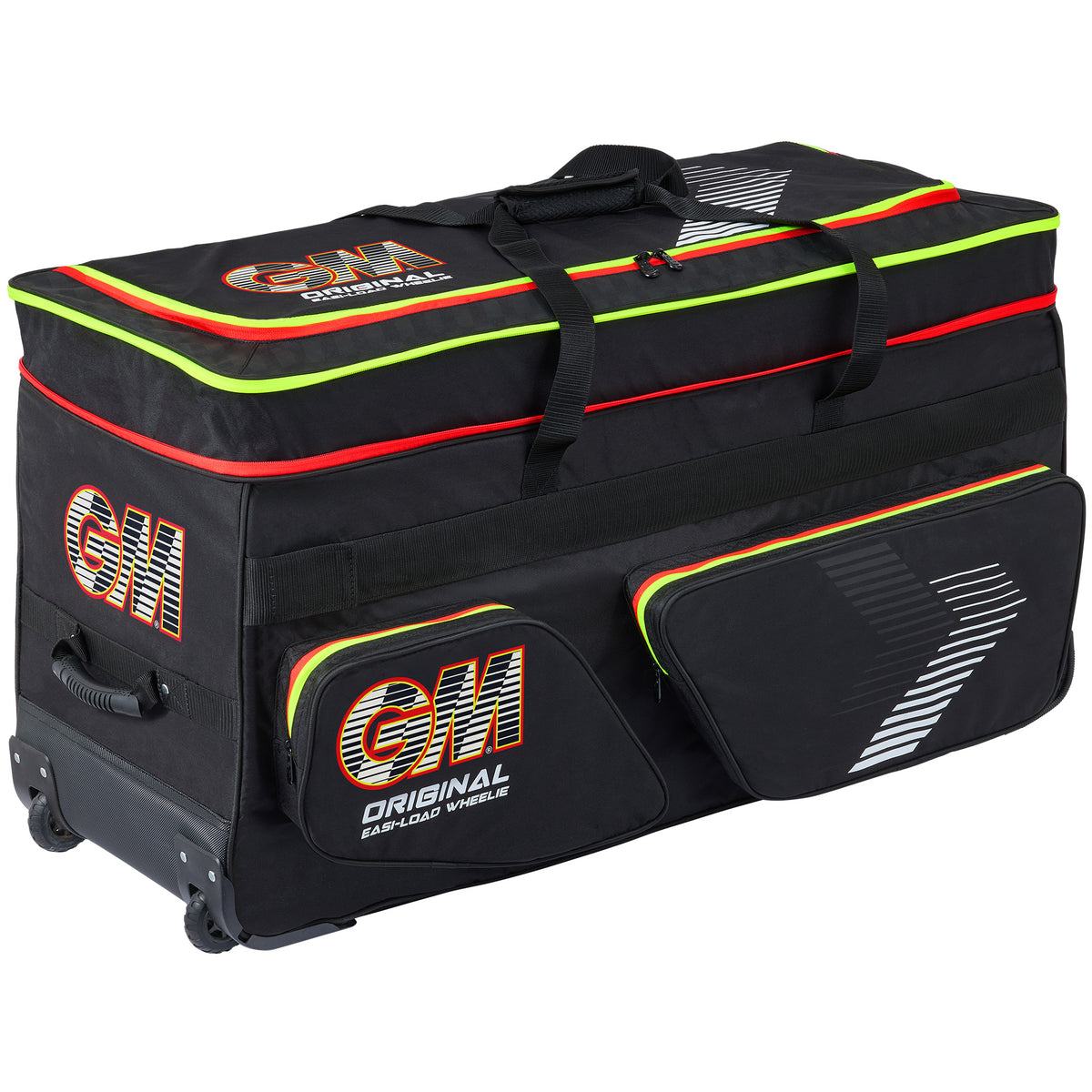 The Gunn & Moore Original Easi-Load Wheelie 2026 is a large black cricket bag featuring heavy-duty wheels, two side pockets, neon yellow and red accents, expandable storage, and a convenient top carry handle.