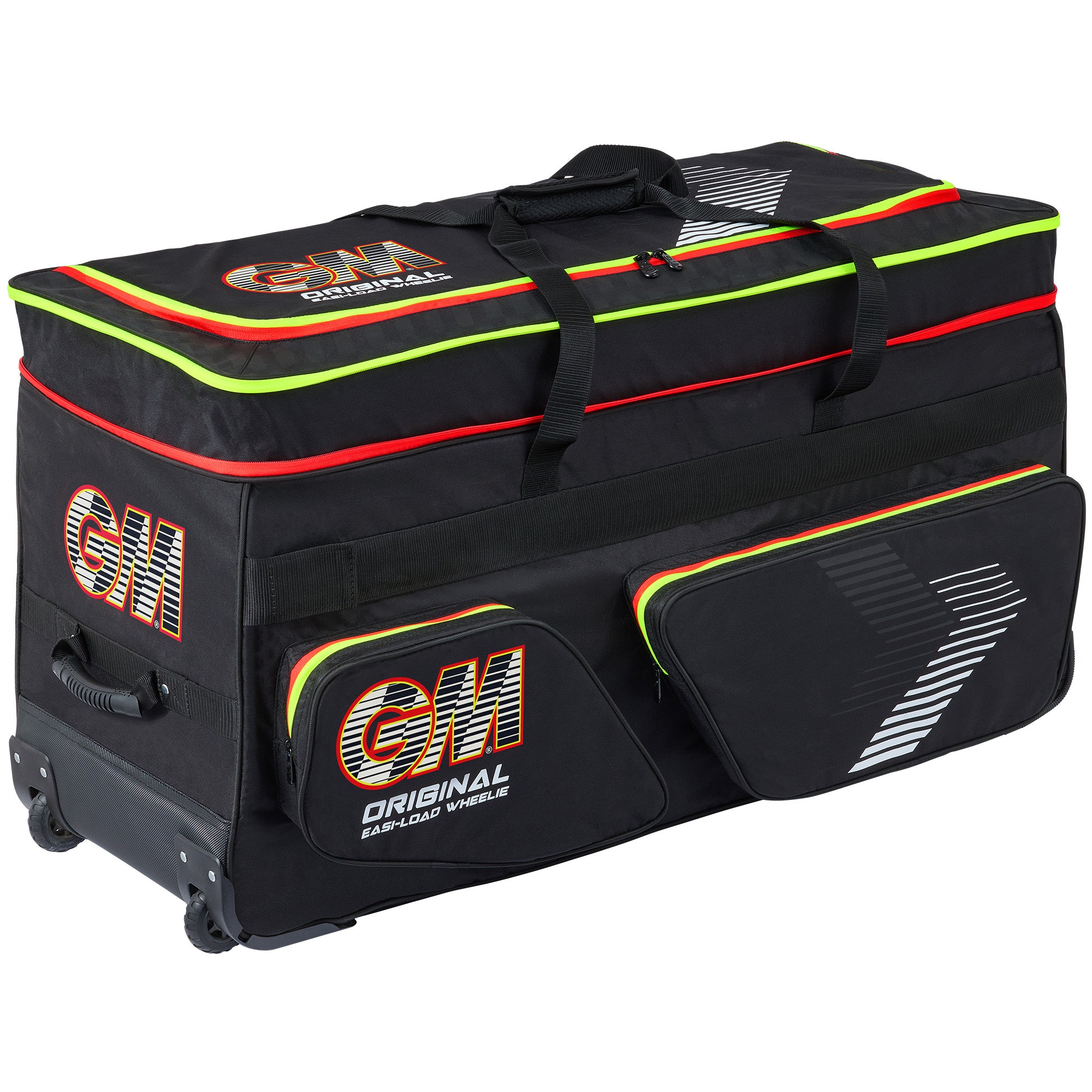 The Gunn & Moore Original Easi-Load Wheelie 2026 is a large black cricket bag featuring heavy-duty wheels, two side pockets, neon yellow and red accents, expandable storage, and a convenient top carry handle.