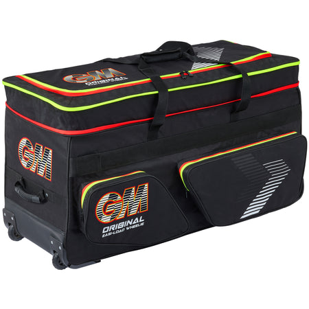 The Gunn & Moore Original Easi-Load Wheelie 2026 is a large black cricket bag featuring heavy-duty wheels, two side pockets, neon yellow and red accents, expandable storage, and a convenient top carry handle.