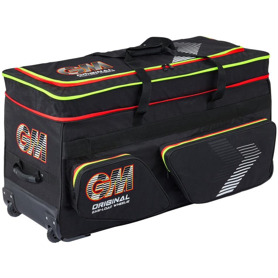 The Gunn & Moore Original Easi-Load Wheelie 2026 is a large black cricket bag featuring heavy-duty wheels, two side pockets, neon yellow and red accents, expandable storage, and a convenient top carry handle.