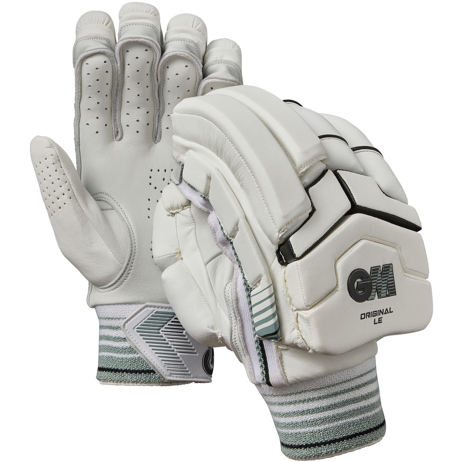 The Gunn & Moore Original L.E. Batting Gloves 2026 feature professional-grade protection, a GM logo with "Original LE" on the wrist, and stylish white, black, and greenish-gray accents for standout performance and style.