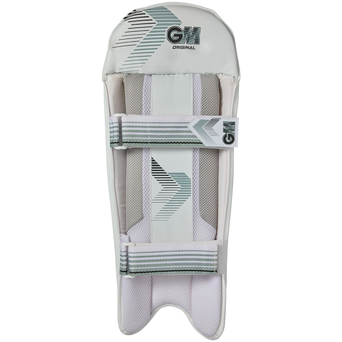 The Gunn & Moore Original Wicket Keeping Pads 2026 feature a white design with grey and black stripes, GM branding at the top, and two adjustable padded straps for lightweight cricket protection.