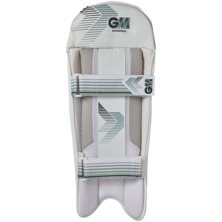 The Gunn & Moore Original Wicket Keeping Pads 2026 feature a white design with grey and black stripes, GM branding at the top, and two adjustable padded straps for lightweight cricket protection.