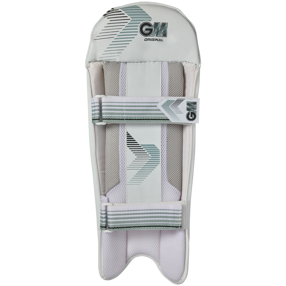 The Gunn & Moore Original Wicket Keeping Pads 2026 feature a white design with grey and black stripes, GM branding at the top, and two adjustable padded straps for lightweight cricket protection.