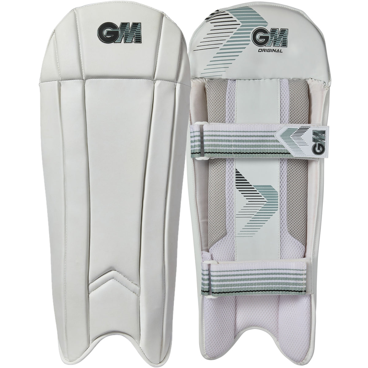 The Gunn & Moore Original Wicket Keeping Pads 2026 are white professional pads with smooth, light grey-accented fronts for lightweight protection and padded backs featuring straps and Velcro closures for a secure fit.