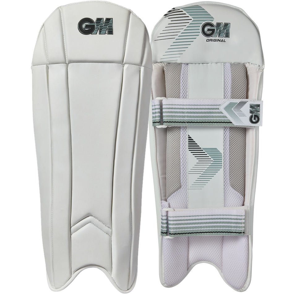 The Gunn & Moore Original Wicket Keeping Pads 2026 are white professional pads with smooth, light grey-accented fronts for lightweight protection and padded backs featuring straps and Velcro closures for a secure fit.
