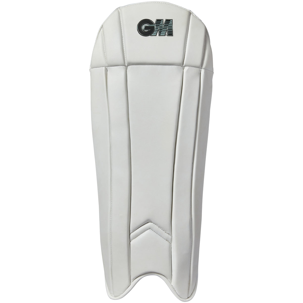The Gunn & Moore Original Wicket Keeping Pads 2026 are white pads with a black "GM" logo, vertical stitched panels, and a V-shaped seam at the bottom, offering lightweight protection for professional wicket keepers.