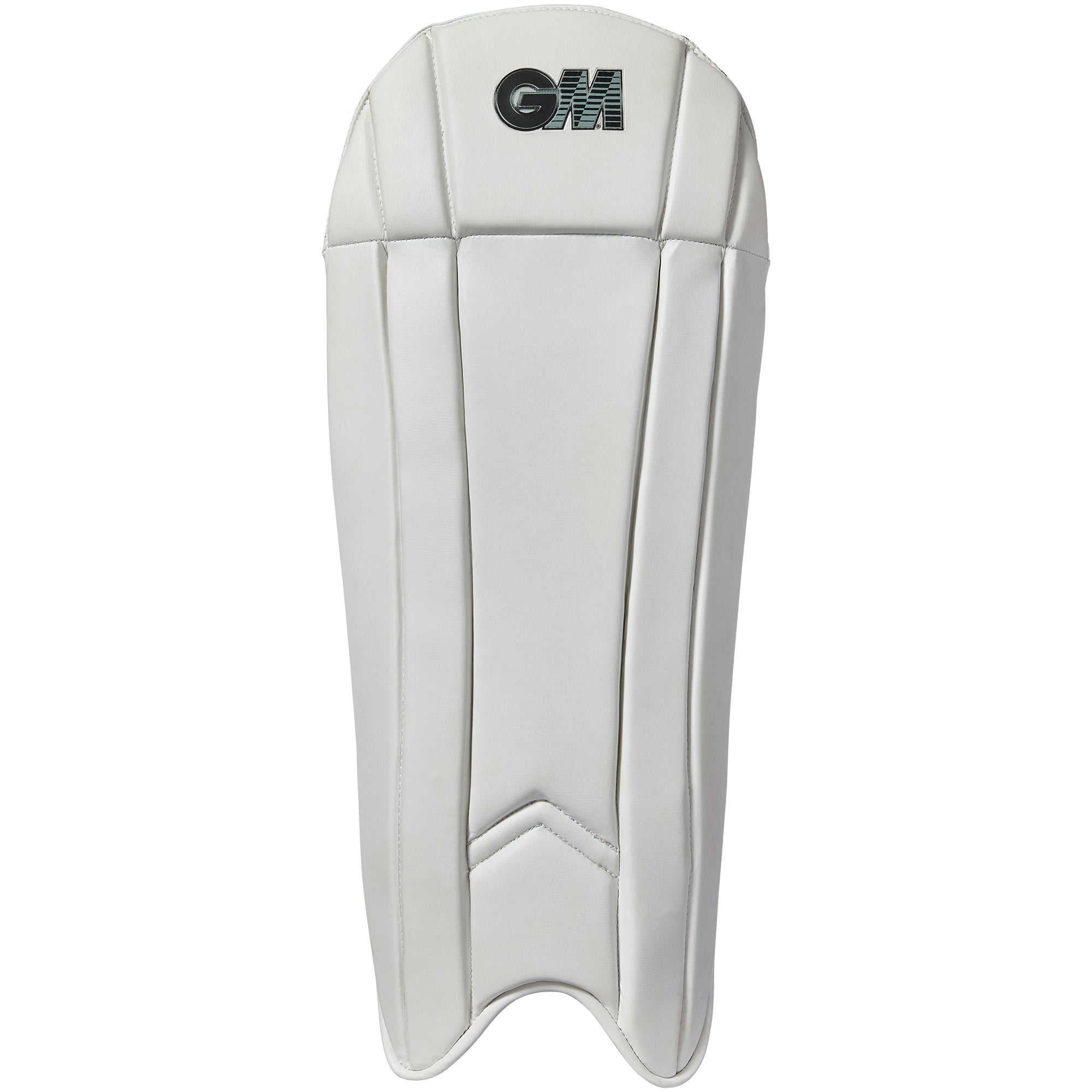 The Gunn & Moore Original Wicket Keeping Pads 2026 are white pads with a black "GM" logo, vertical stitched panels, and a V-shaped seam at the bottom, offering lightweight protection for professional wicket keepers.
