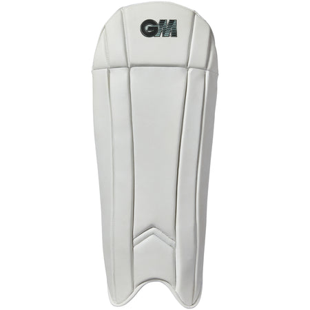 The Gunn & Moore Original Wicket Keeping Pads 2026 are white pads with a black "GM" logo, vertical stitched panels, and a V-shaped seam at the bottom, offering lightweight protection for professional wicket keepers.