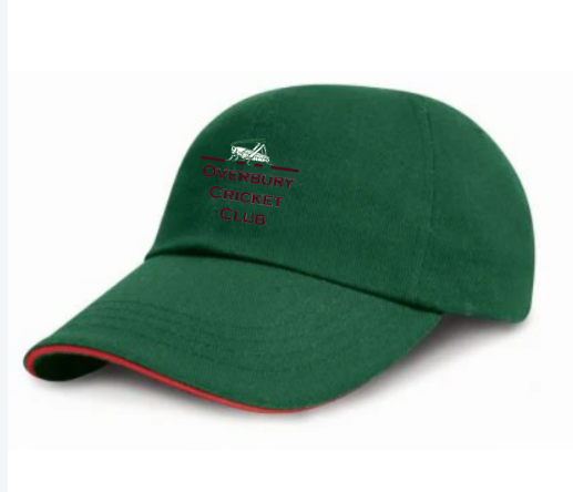 Show your support with the Overbury CC Baseball Cap by Gray Nicolls—a bottle green cap featuring "OVERBURY CRICKET CLUB" in red, a white cricket graphic above, and a curved brim with a thin red edge. Ideal for every Overbury CC fan.