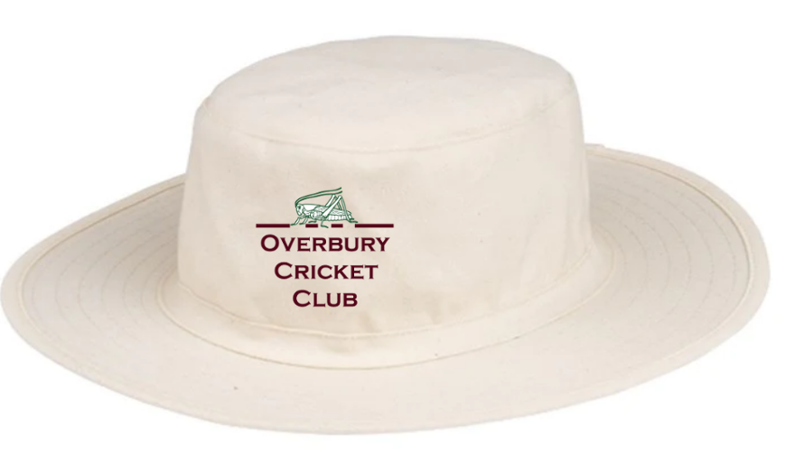 The Hunts County Overbury CC Fielders Sun Hat is a white wide-brimmed sun hat with the Overbury Cricket Club logo and a green cricket design on the front—perfect for fielders during long days on the pitch.